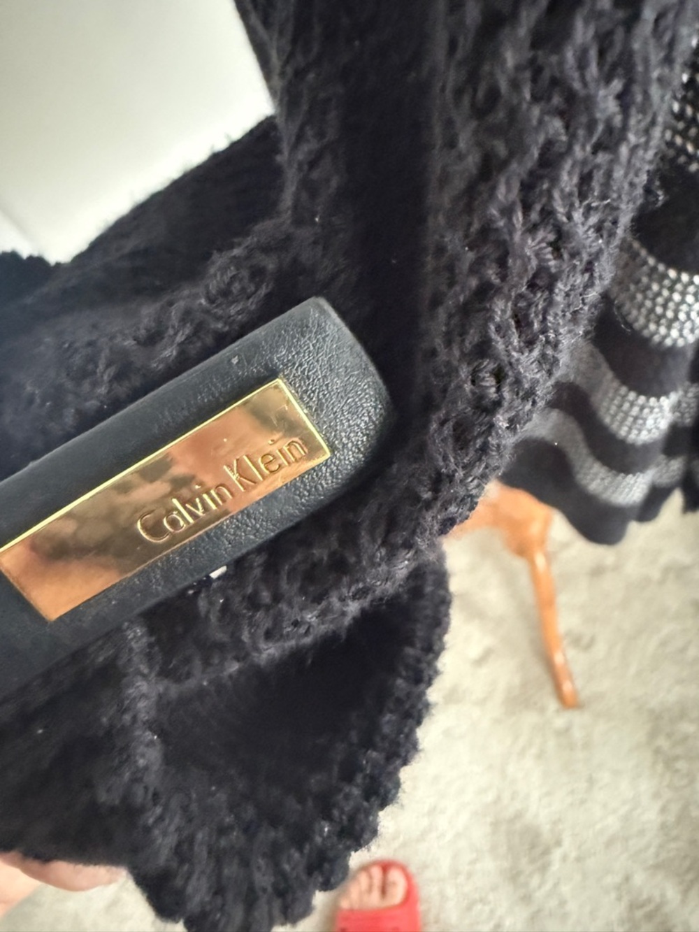 Calvin Klein Black Knit Open-Front Cardigan with Gold Logo Plate One Size - Picture 8 of 10